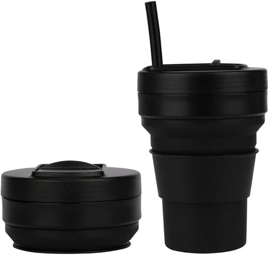 Collapsible Silicone Cup 12 oz – BPA Free Reusable Travel Cup with Lid & Straw – Foldable Pocket Size for Hot & Cold Drinks – Camping, Hiking, Office, Outdoor (Black)