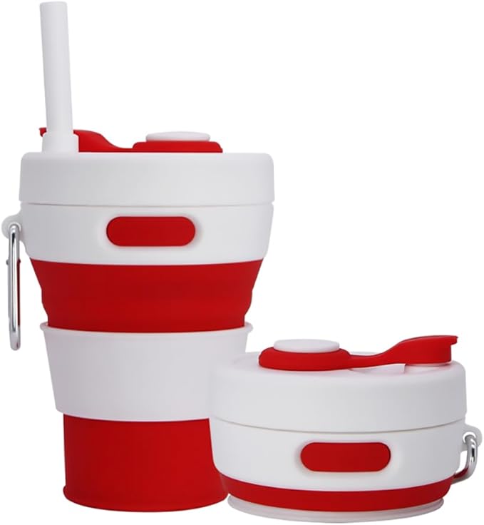 Collapsible Camping Cup with Straw Silicone Folding Coffee Cup Sport Bottle Portable Travel Outdoor Car 16oz 20oz (Red)