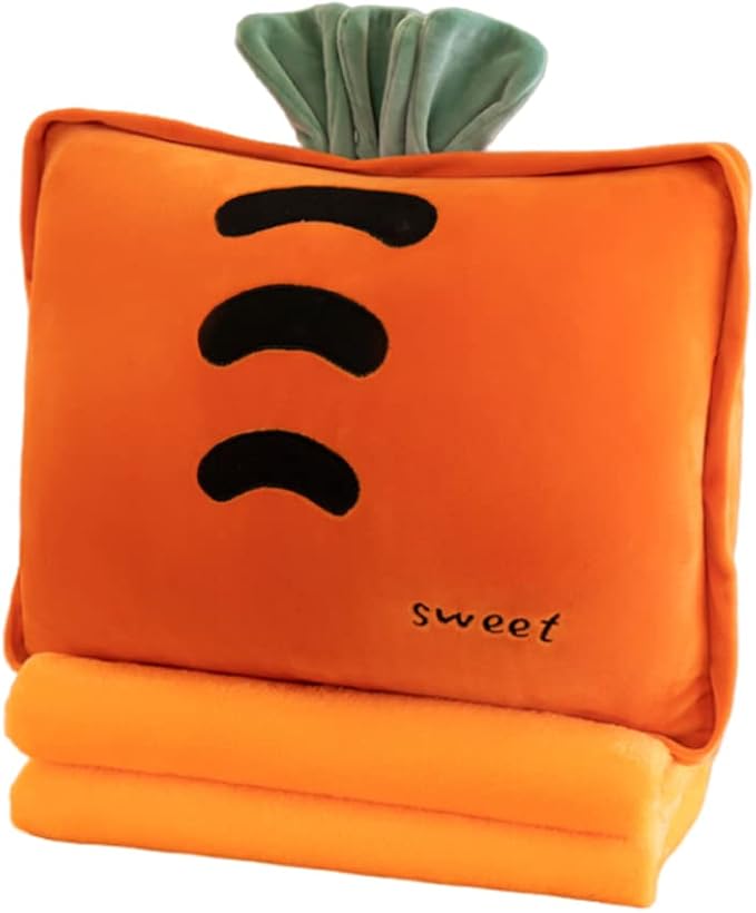 Rikyo 15" Stuffed Fruit Travel Blanket and Pillow Set,3 in 1 Plush Stuffed Hugging Pillow with Warming Hands Pillow Blanket for Kids Gift Travel Airplane Train Bed Office Nap (Carrot - Orange)