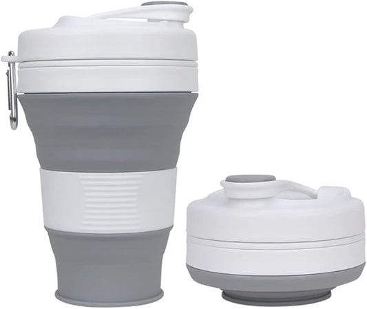 Collapsible Camping Cup with Straw Silicone Folding Coffee Cup Sport Bottle Portable Travel Outdoor Car 16oz 20oz (Gray-600ml)