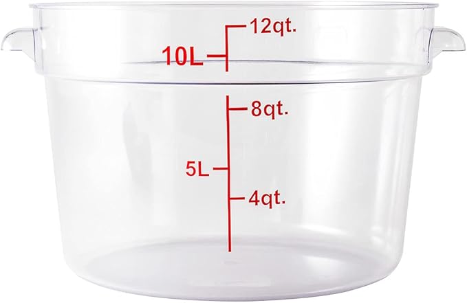 Restaurantware Met Lux 12 Quart Food Storage Container, 1 Round Commercial Storage Container - Lid Sold Separately, With Volume Markers, Clear Plastic Food Prep Bucket, Space-Saving Storage