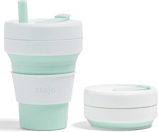 Stojo Collapsible Coffee Cup | Reusable To Go Pocket Size Travel Cup With Straw – Mint Green, 16oz