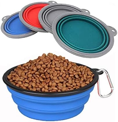 Collapsible Portable Silicone Big Dog Bowls,2 Pack,34 oz/Each Bowl,Silicone Basic Bowl with Plastic Rim and D-Ring,Foldable Travel pet Feeder,Portable Basic Bowl for Dog (Blue)