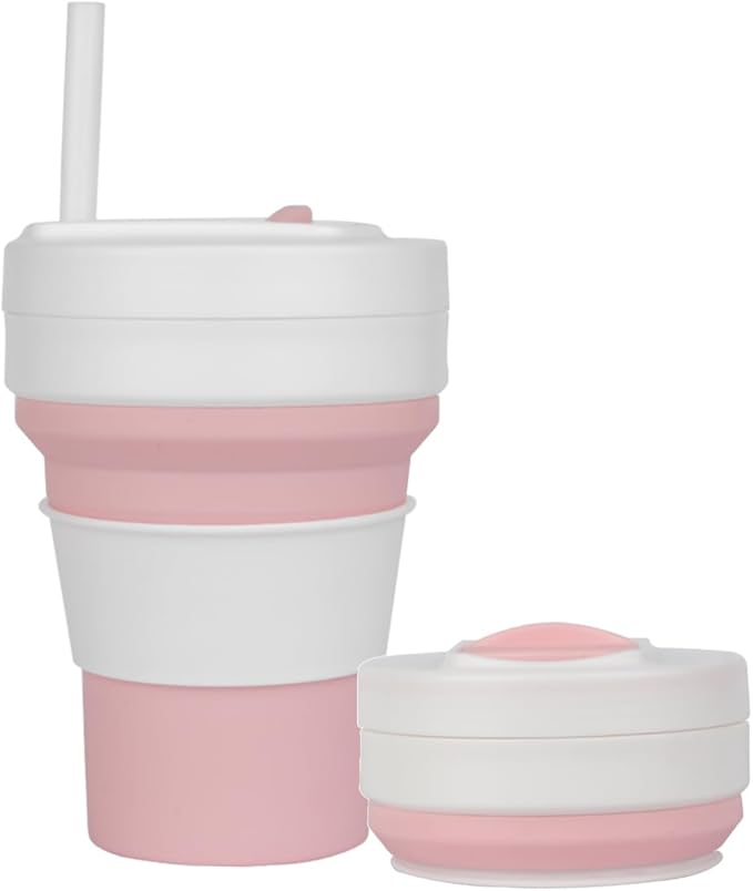 Collapsible Travel Cups- Food Grade Silicone Coffee Cups with Straw Lid 350ml 12oz Lightweight