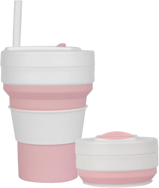 Collapsible Travel Cups- Food Grade Silicone Coffee Cups with Straw Lid 350ml 12oz Lightweight