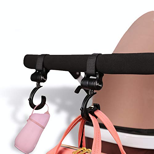 SUNVENO Stroller Hooks 2 Pack, 360° Rotating Universal Stroller Clips with Adjustable Straps, Heavy Duty Bag Holders for Diaper Bags, Purses, Groceries and Travel Use