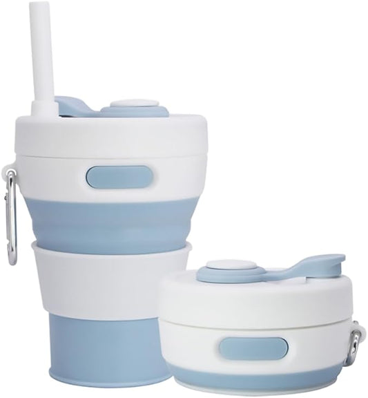 Collapsible Camping Cup with Straw Silicone Folding Coffee Cup Sport Bottle Portable Travel Outdoor Car 16oz 20oz (Light Blue)