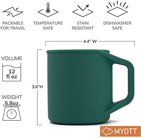 Silicone Coffee Cup - Food Grade Silicone Camping Mug with Handle - Portable, Collapsible Coffee Mug - BPA Free, Dishwasher Safe and Microwave Safe 12- oz (Evergreen, 2 Pack)
