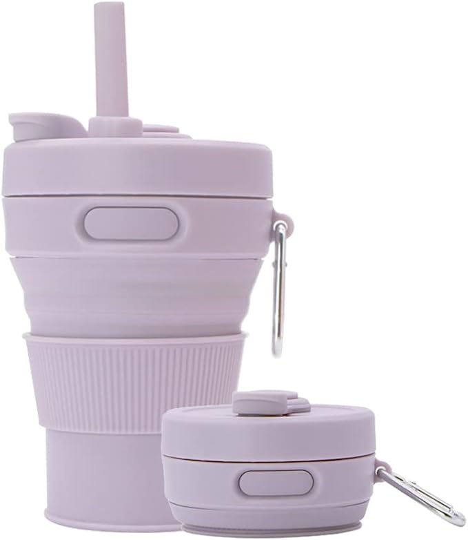 Silicone Coffee Mug Collapsible Cups for Camping Folding Travel with Straw Reusable Portable Drinking Cups Outdoor Hiking 450ml (Purple-450ml, 1)