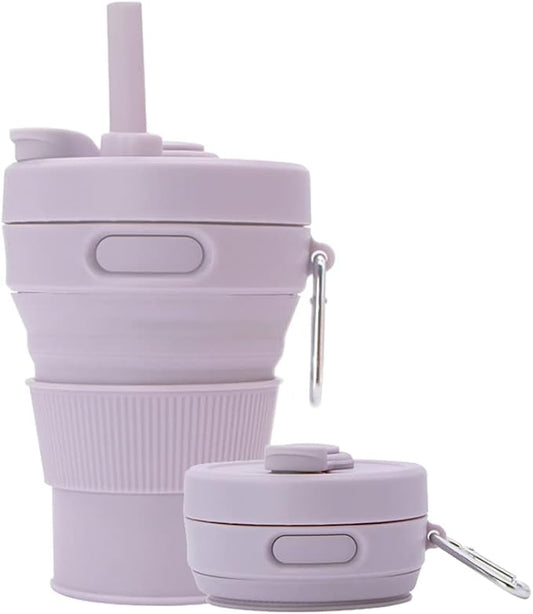 Silicone Coffee Mug Collapsible Cups for Camping Folding Travel with Straw Reusable Portable Drinking Cups Outdoor Hiking 450ml (Purple-450ml, 1)