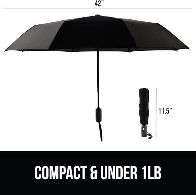 GORILLA GRIP Strong Windproof Stick Compact Umbrella for Rain, 2 PK, One-Click Automatic Open Close, Durable Quick Dry Waterproof Material, Lightweight, Portable, Travel Size Fits Backpack, Black Gray