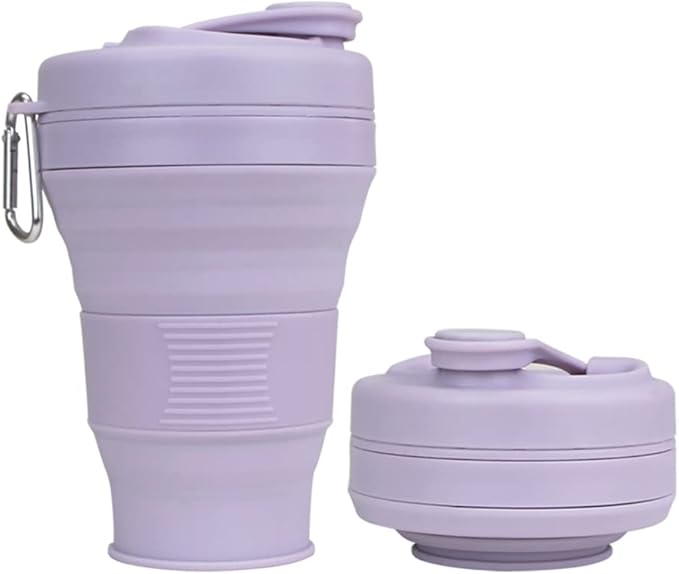 Collapsible Camping Cup with Straw Silicone Folding Coffee Cup Sport Bottle Portable Travel Outdoor Car 16oz 20oz (Purple-600ml)