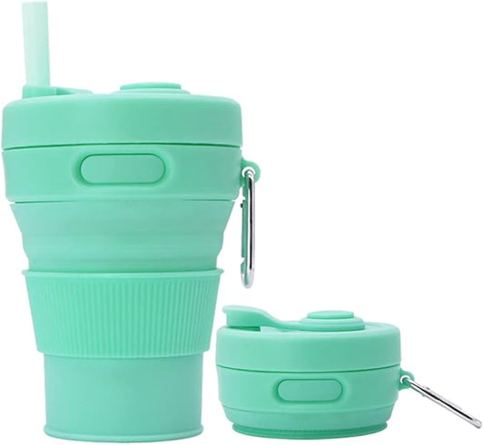 Silicone Coffee Mug Collapsible Cups for Camping Folding Travel with Straw Reusable Portable Drinking Cups Outdoor Hiking 450ml (Green-450ml, 1)