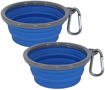 Collapsible Portable Silicone Big Dog Bowls,2 Pack,34 oz/Each Bowl,Silicone Basic Bowl with Plastic Rim and D-Ring,Foldable Travel pet Feeder,Portable Basic Bowl for Dog (Blue)