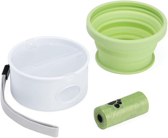3 in 1 Collapsible Dog Travel Bowls, Small Animals Cats Bowl, Treat Container, Poop Bag Holder with 1 Roll Poop Bags, Portable Pet Silicone Snack Box for Walking, Hiking, Outdoor Camping, Road Trips
