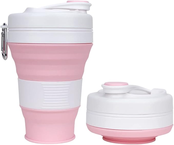 Collapsible Camping Cup with Straw Silicone Folding Coffee Cup Sport Bottle Portable Travel Outdoor Car 16oz 20oz (Pink-600ml)