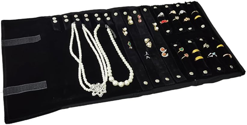 Velvet Travel Jewelry Case Roll Bag Organizer for Necklace Bracelet Earrings Ring (Black) (Black set)