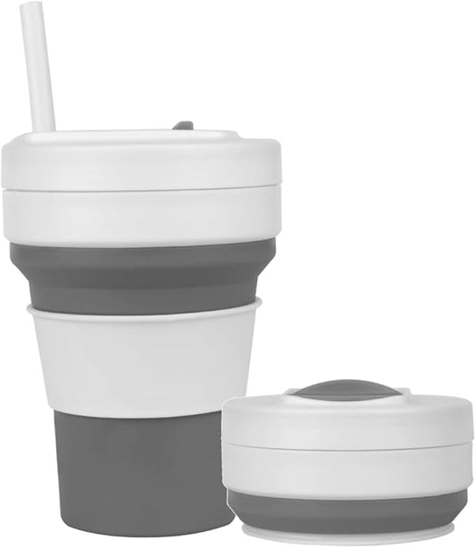 Collapsible Travel Cups- Food Grade Silicone Coffee Cups with Straw Lid 350ml 12oz Lightweight