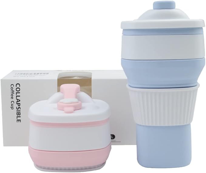 Collapsible Travel Coffee Cups Set of 2 - Silicone Foldable Mugs with Leakproof Lids, BPA Free, Microwave and Dishwasher Safe - 10oz (300ml) for Travel, Office, Camping