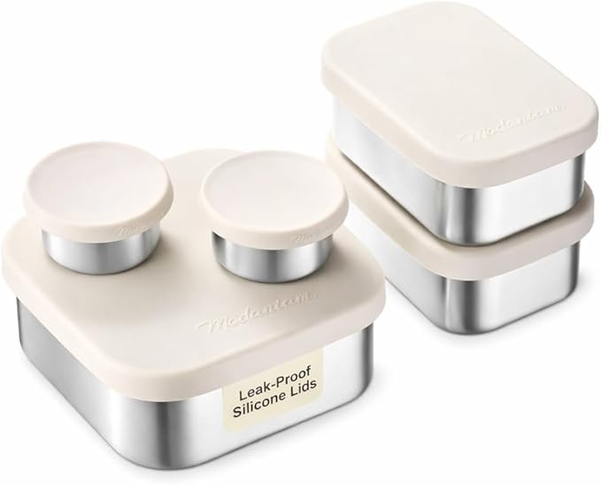 Flexibento - Leak proof Stainless Steel Lunch Box Containers, Sandwich and Snack Containers with Silicone Lids Metal Lunch Box, Bento Box , Set of Five , Vanilla , 1*25 OZ+ 2*13 OZ + 2 *2 OZ