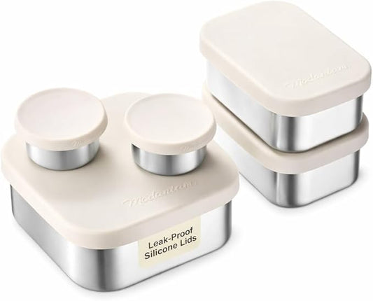 Flexibento - Leak proof Stainless Steel Lunch Box Containers, Sandwich and Snack Containers with Silicone Lids Metal Lunch Box, Bento Box , Set of Five , Vanilla , 1*25 OZ+ 2*13 OZ + 2 *2 OZ