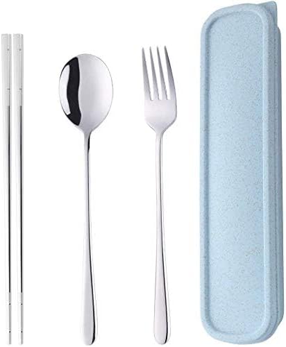 Portable Travel Flatware 3PCS Spoon Fork Chopsticks Set 18/10 Stainless Steel with Case and Bag for School Work Office lunch (Silver)