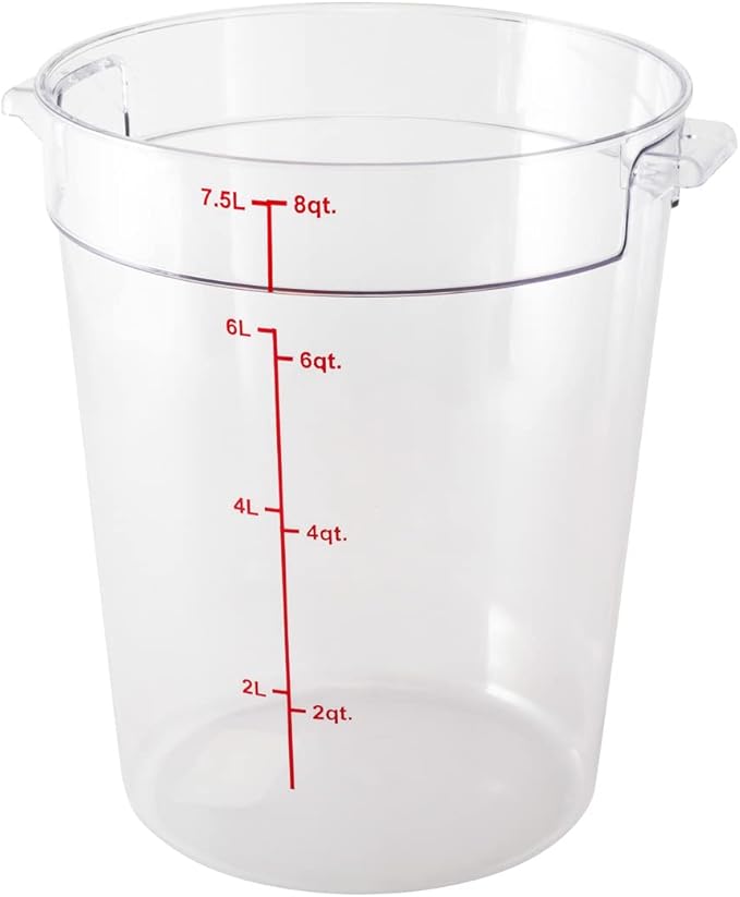 Restaurantware Met Lux 8 Quart Food Storage Containers 10 Round Commercial Storage Containers - Lids Sold Separately With Volume Markers Clear Plastic Food Prep Buckets Space-Saving Storage