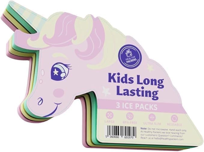 Healthy Packers® Slim Reusable Ice Packs for Lunch Boxes Kids and Adults | Long‑Lasting Thin Freezer Packs for Coolers, Bento Boxes, Lunch Bags, Travel, School Meals, and Meal Prep (3-Pack | Unicorn)