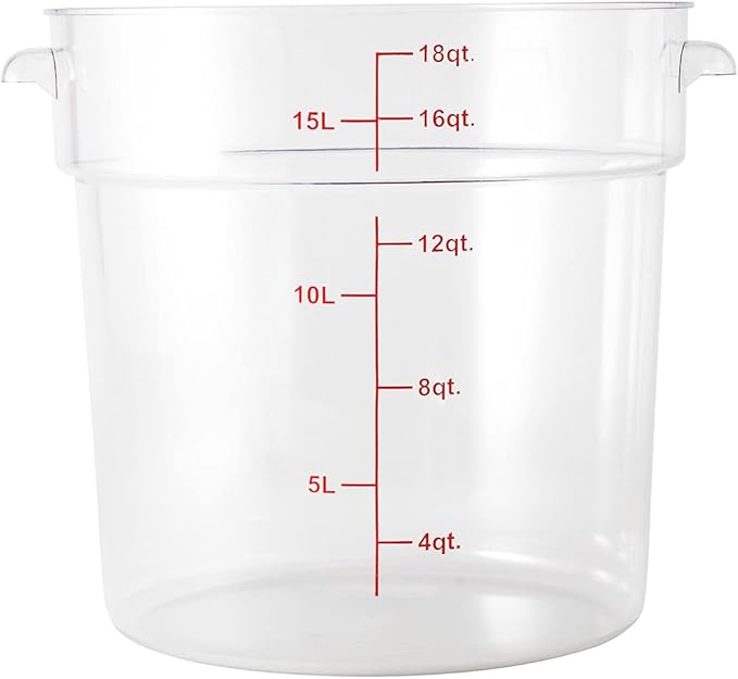 Restaurantware Met Lux 18 Quart Food Storage Containers 10 Round Commercial Storage Containers - Lids Sold Separately With Volume Markers Clear Plastic Food Prep Buckets Space-Saving Storage
