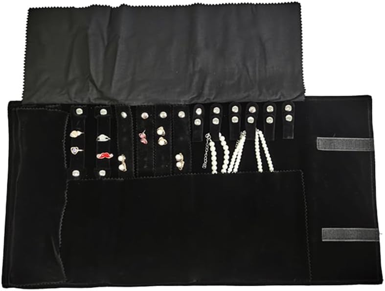 Velvet Travel Jewelry Case Roll Bag Organizer for Necklace Bracelet Earrings Ring (Black) (Black set)