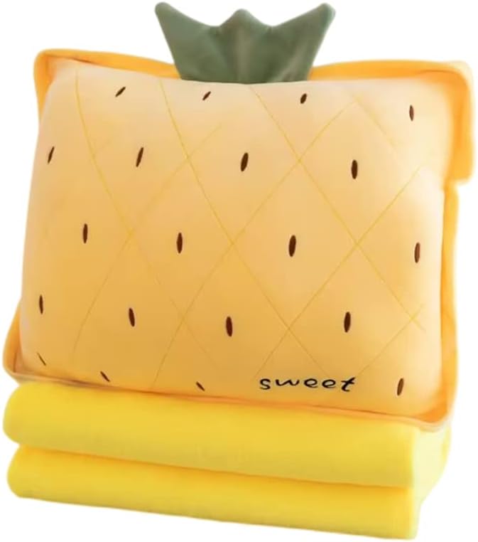 Rikyo 15" Stuffed Fruit Travel Blanket and Pillow Set,3 in 1 Plush Stuffed Hugging Pillow with Warming Hands Blanket for Kids Gift Travel Airplane Train Bed Office Nap (Yellow - Pineapple)