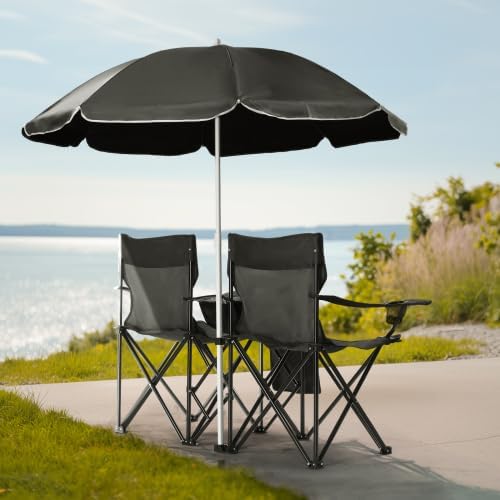 Camping Chairs, Folding Double Chair with Removable Umbrella, Cup Holders, Cooler Bag, Side Pocket & Carry Bag, for Beach, Outdoor, Sports, Concerts, Travel, Picnic
