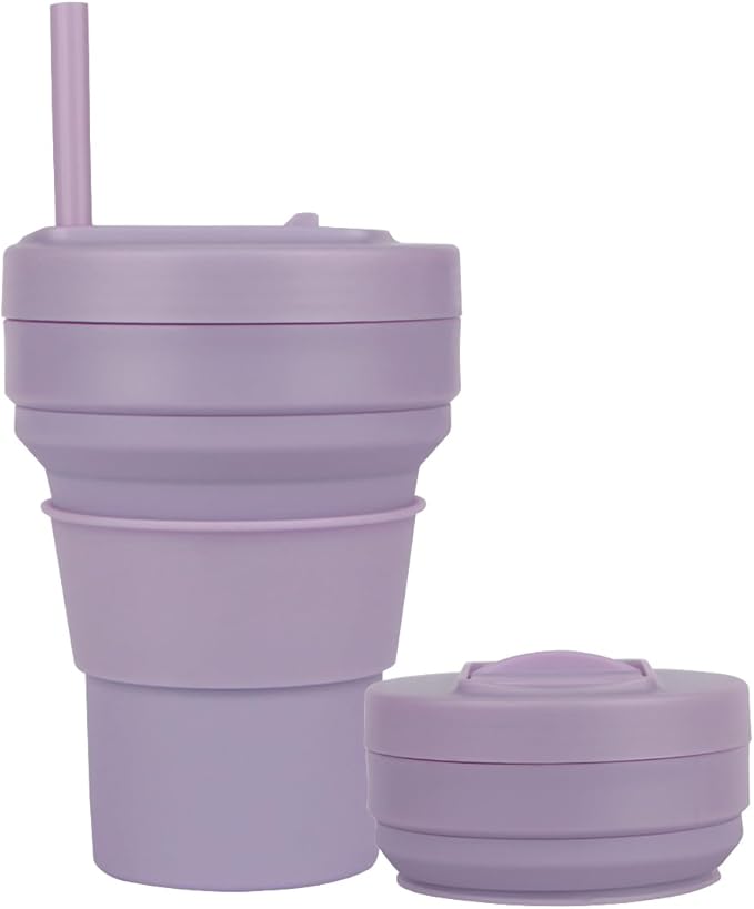 Collapsible Travel Cups- Food Grade Silicone Coffee Cups with Straw Lid 350ml 12oz Lightweight