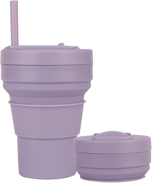 Collapsible Travel Cups- Food Grade Silicone Coffee Cups with Straw Lid 350ml 12oz Lightweight