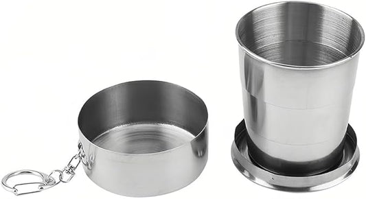 Stainless Steel Collapsible Cup, 150ml Camping Folding Cup Retractable Travel Mug with Lid Keychain Portable Drinking Outdoor Demountable Stackable Expandable Protective Cap for Hiking Picnic(M)