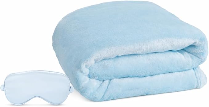 Travel Blanket, Airplane Blanket, Ultra-Soft, Warm & Lightweight, 65x40 in, Outdoor Blanket Essentials for Women, Men & Kids, Included Eye Mask, Luggage Sleeve & Backpack Clip Light Blue