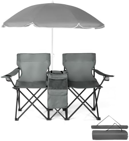 Camping Chairs, Folding Double Chair with Removable Umbrella, Cup Holders, Cooler Bag, Side Pocket & Carry Bag, for Beach, Outdoor, Sports, Concerts, Travel, Picnic