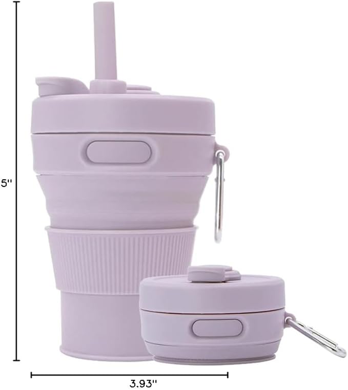Silicone Coffee Mug Collapsible Cups for Camping Folding Travel with Straw Reusable Portable Drinking Cups Outdoor Hiking 450ml (Purple-450ml, 1)