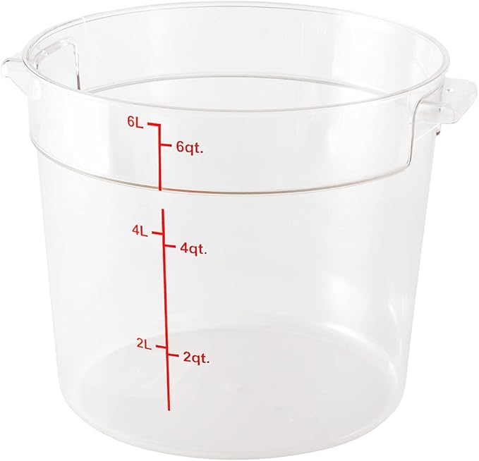 Restaurantware Met Lux 6 Quart Food Storage Containers 10 Round Commercial Storage Containers - Lids Sold Separately With Volume Markers Clear Plastic Food Prep Buckets Space-Saving Storage