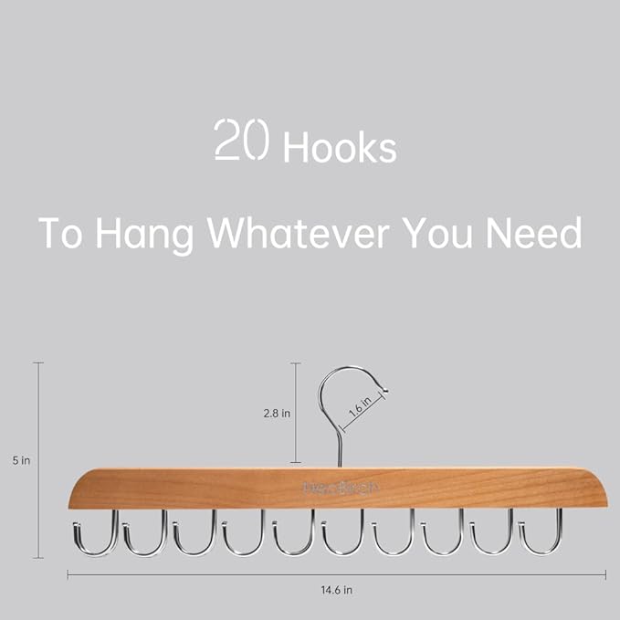 Bra Hanger for Closet Organizers and Storage | Space Saving Wooden Hanger | 20 Steel Hooks for Tank Tops, Camis, Hats, Lingeries, Belts, Ties, Scarfs Holder| 360° Rotating Non-Slip (1, Natural)