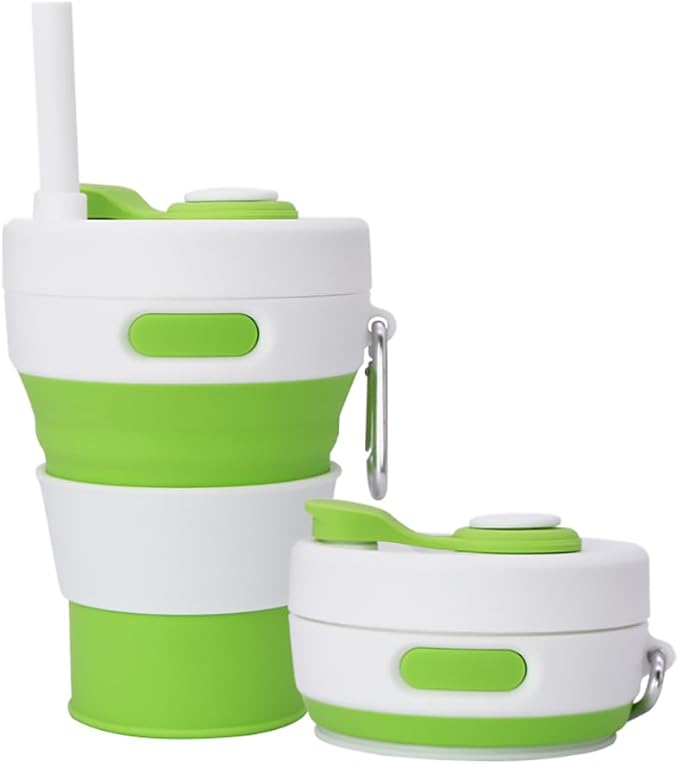Collapsible Camping Cup with Straw Silicone Folding Coffee Cup Sport Bottle Portable Travel Outdoor Car 16oz 20oz (light green)