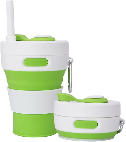 Collapsible Camping Cup with Straw Silicone Folding Coffee Cup Sport Bottle Portable Travel Outdoor Car 16oz 20oz (light green)