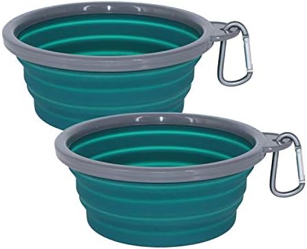 Collapsible Portable Silicone Big Dog Bowls,2 Pack,34 oz/Each Bowl,Silicone Basic Bowl with Plastic Rim and D-Ring,Foldable Travel pet Feeder,Portable Basic Bowl for Dog (Green)