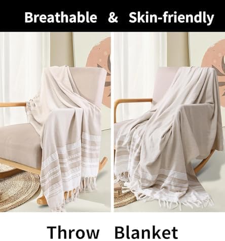 Genovega Large Summer Throw Blanket Boho Neutral Decor Bed Couch Sofa Chair Decorative Lightweight Mexican Boho Cotton White Cream Ivory Big Light Linen Tan Cute Woven Gauze Thin Bohemian Manta para