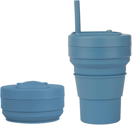 Collapsible Silicone Cup 12 oz – BPA Free Reusable Travel Cup with Lid & Straw – Foldable Pocket Size for Hot & Cold Drinks – Camping, Hiking, Office, Outdoor (Blue)