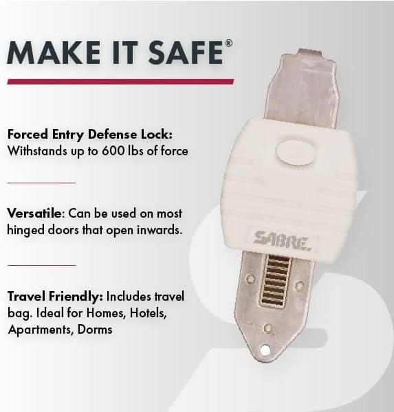 SABRE Portable Door Lock, Durable Metal Construction, Lightweight and Compact, Quick No-Tool Installation, Fits Most Inward-Swinging Hinged Doors, Requires 1/8 Inch Gap, For Houses, Apartments, Condos