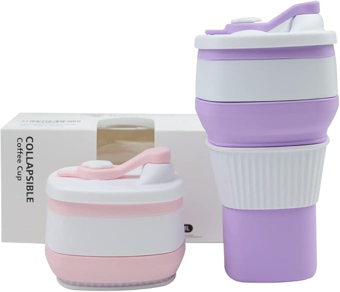 Collapsible Travel Coffee Cups Set of 2 - Silicone Foldable Mugs with Leakproof Lids, BPA Free, Microwave and Dishwasher Safe - 10oz (300ml) for Travel, Office, Camping