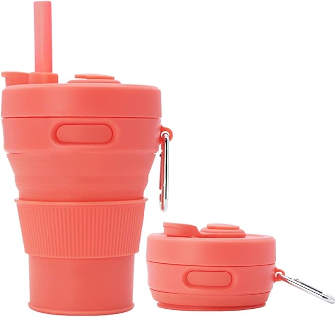 Silicone Coffee Mug Collapsible Cups for Camping Folding Travel with Straw Reusable Portable Drinking Cups Outdoor Hiking 450ml (Tangerine-450ml, 1)