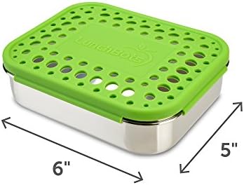 LunchBots Medium Trio II Snack Container - Divided Stainless Steel Food Container - Three Sections for Snacks On the Go - Eco-Friendly, Dishwasher Safe, BPA-Free - Stainless Lid - Green Dots