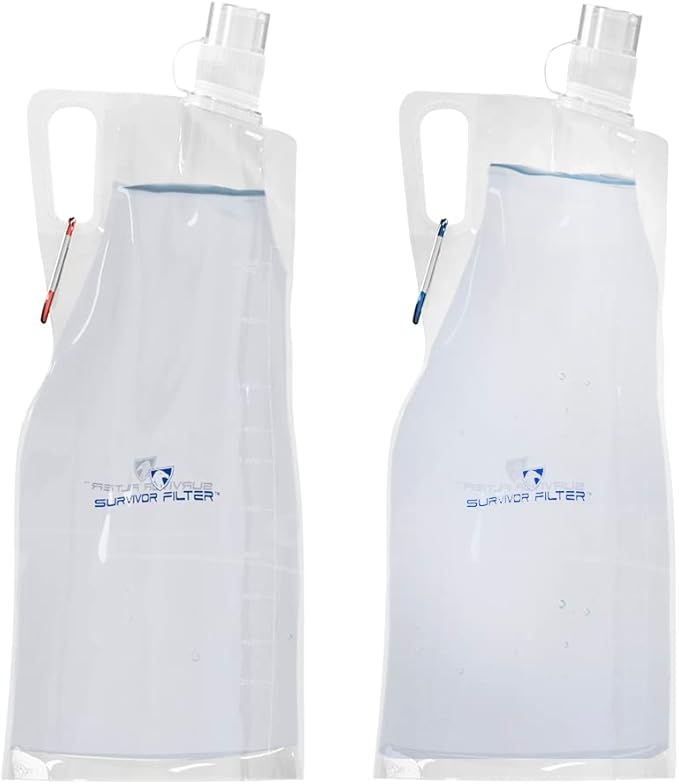 Survivor Filter Clear Collapsible Water Bottles - Travel, Hiking, Foldable, BPA-Free - 2 x